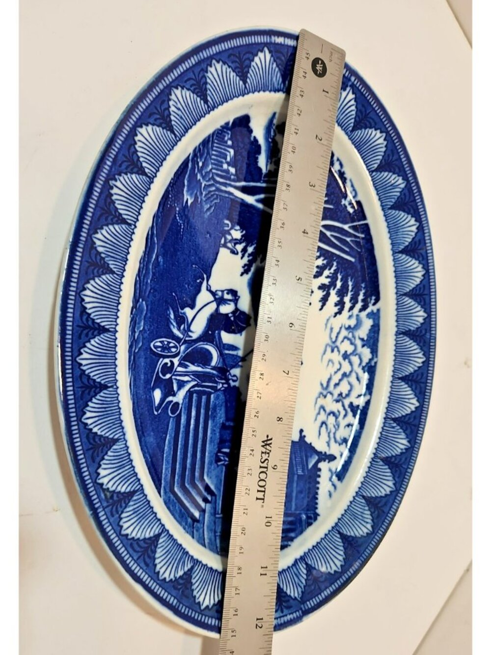 Antique Blue Transferware Oval Platter Made in Japan 9”X12” Republic Scene - Picture 12 of 13